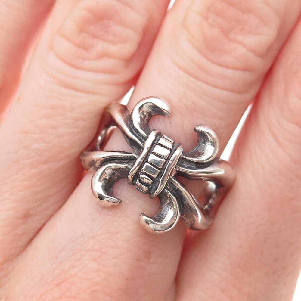 925 Sterling Silver Vintage Modernist Fleur de Lis Oxidized Ring Size 8